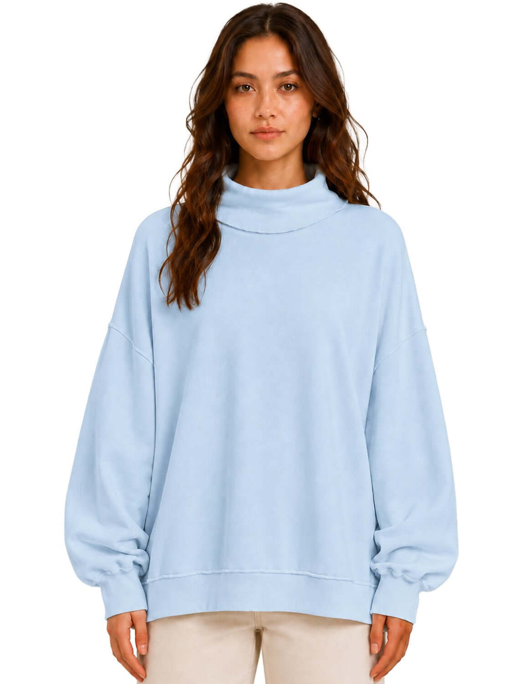 Cozy oversized women's mock neck sweatshirt in light blue. Drop shoulder, ribbed cuffs, super soft fabric. Made in USA. Sizes S–L.