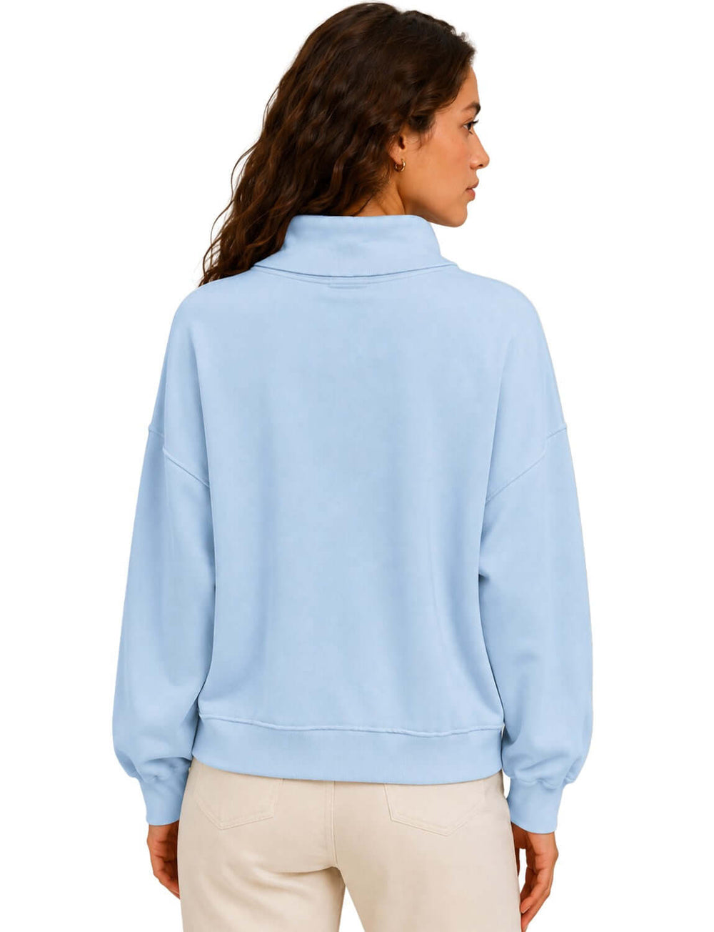 Cozy oversized women's mock neck sweatshirt in light blue. Drop shoulder, ribbed cuffs, super soft fabric. Made in USA. Sizes S–L.