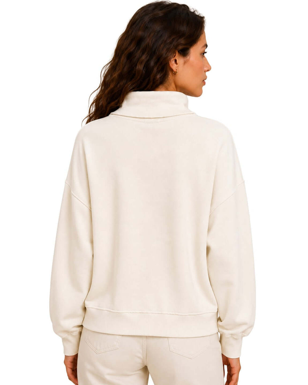 Cozy oversized women's mock neck sweatshirt in white. Drop shoulder, ribbed cuffs, super soft fabric. Made in USA. Sizes S–L.