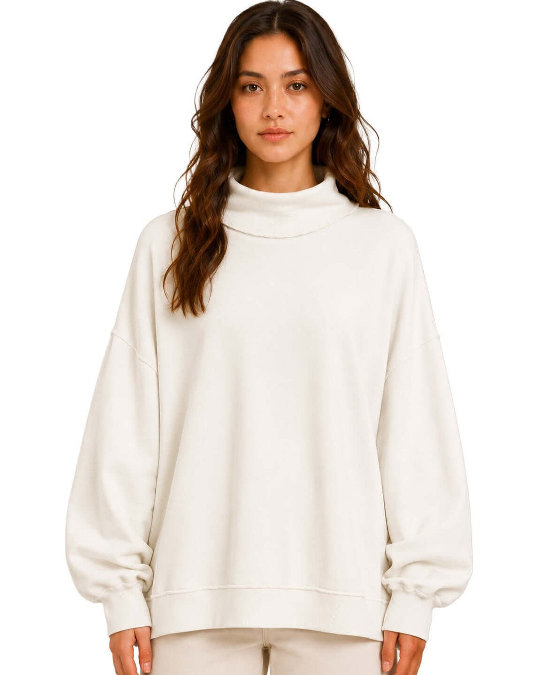 Cozy oversized women's mock neck sweatshirt in white. Drop shoulder, ribbed cuffs, super soft fabric. Made in USA. Sizes S–L.