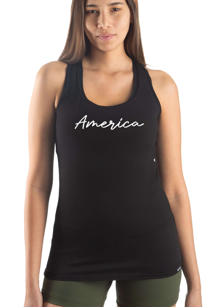 Made in USA WSI Sportswear America Graphic Fitted Tank Top in Black, Buttery Soft SoftTECH™ fabric, Racerback, 4-way stretch, comfort &amp; flexibility