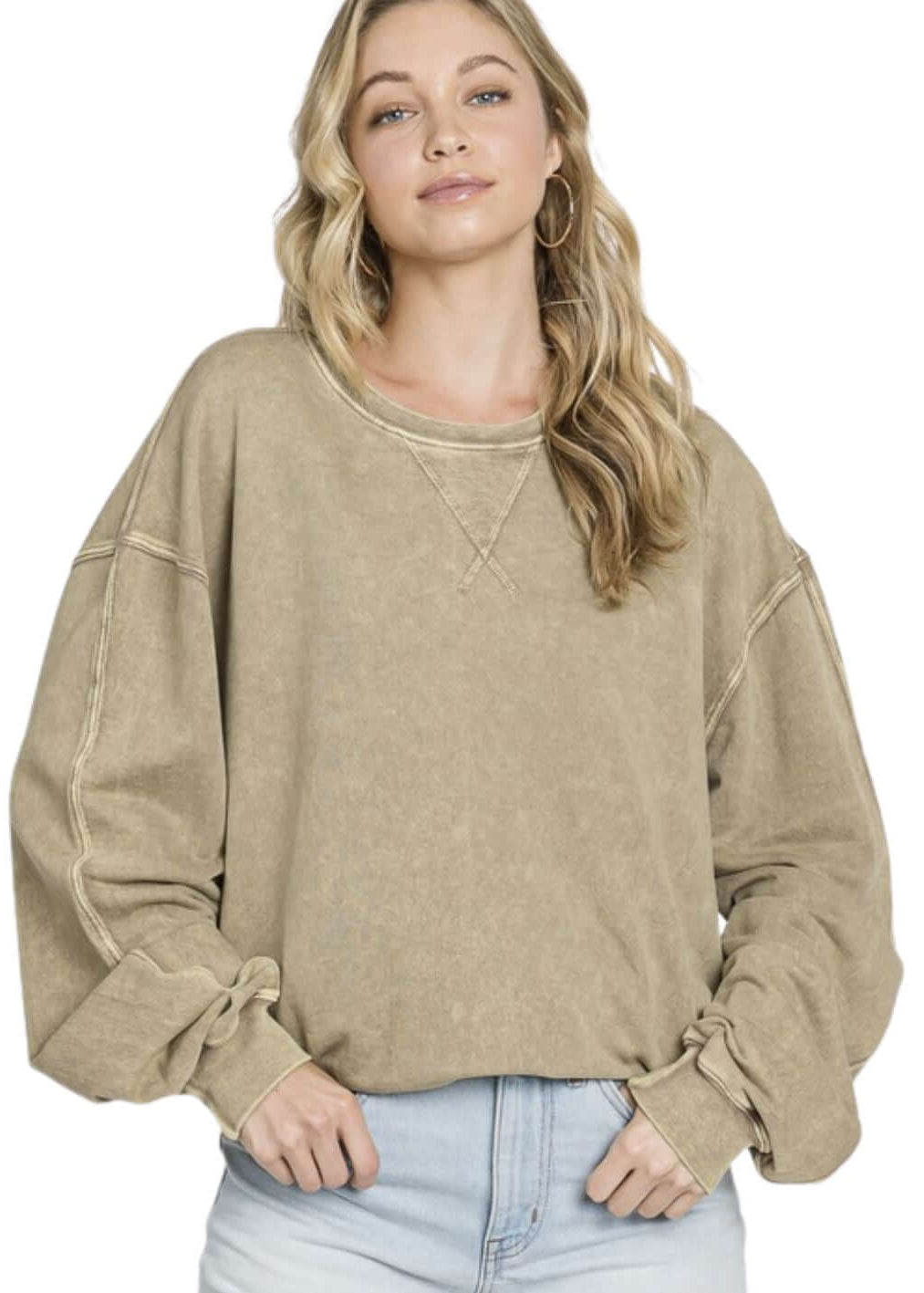Made in USA Misses Oversized Cotton Mineral Washed Sweatshirt in Antique Mocha | Made with USA Cotton | Classy Cozy Cool Women's Made in America Boutique