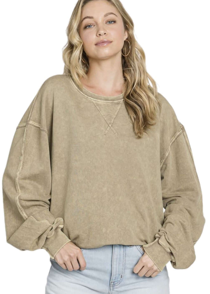 Made in USA Misses Oversized Cotton Mineral Washed Sweatshirt in Antique Mocha | Made with USA Cotton | Classy Cozy Cool Women&