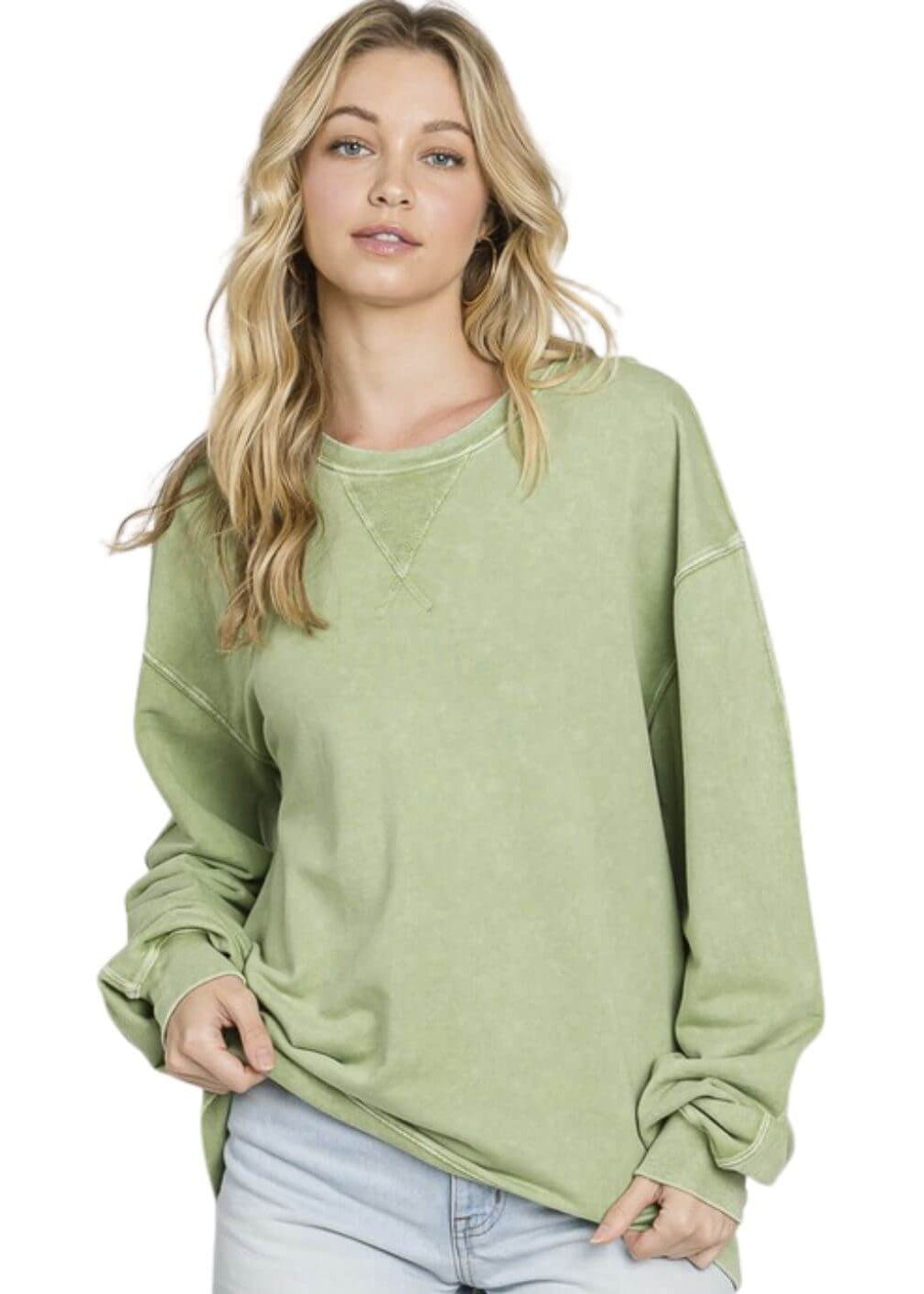 Made in USA Misses Oversized Cotton Mineral Washed Sweatshirt in Antique Sage | Made in USA with USA Cotton | Classy Cozy Cool Women&