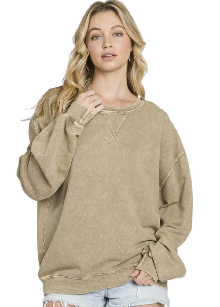 Made in USA Misses Oversized Cotton Mineral Washed Sweatshirt in Antique Mocha | Made with USA Cotton | Classy Cozy Cool Women&