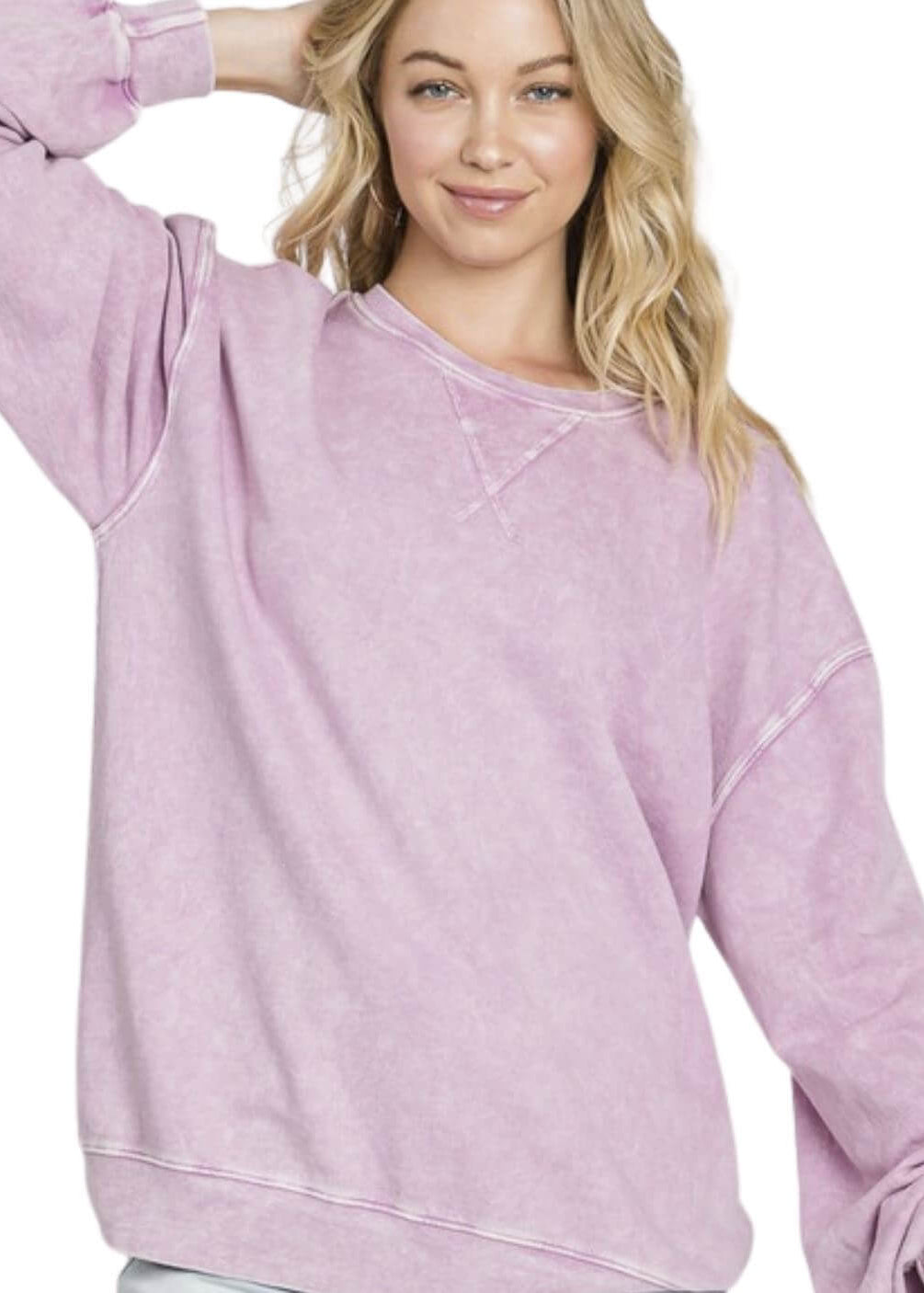 Made in USA Misses Oversized Cotton Mineral Washed Sweatshirt in Antique Rose Pink | Made with USA Cotton | Classy Cozy Cool Women&