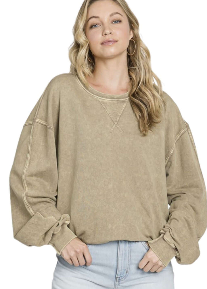 Made in USA Misses Oversized Cotton Mineral Washed Sweatshirt in Antique Mocha | Made with USA Cotton | Classy Cozy Cool Women&