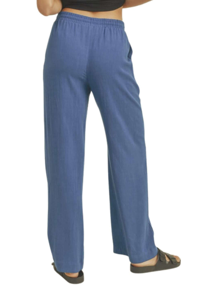 Blue USA Made Linen Blend Bootcut Pants with Pockets - Relaxed Fit Drawstring &amp; Elastic Waist Side | Classy Cozy Cool Women&