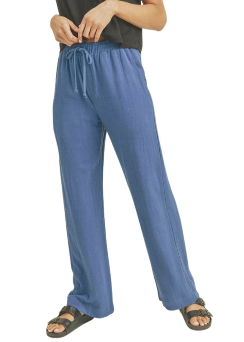 Blue USA Made Linen Blend Bootcut Pants with Pockets - Relaxed Fit Drawstring &amp; Elastic Waist Side | Classy Cozy Cool Women&