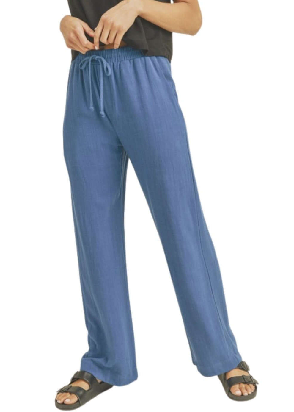 Blue USA Made Linen Blend Bootcut Pants with Pockets - Relaxed Fit Drawstring &amp; Elastic Waist Side | Classy Cozy Cool Women&