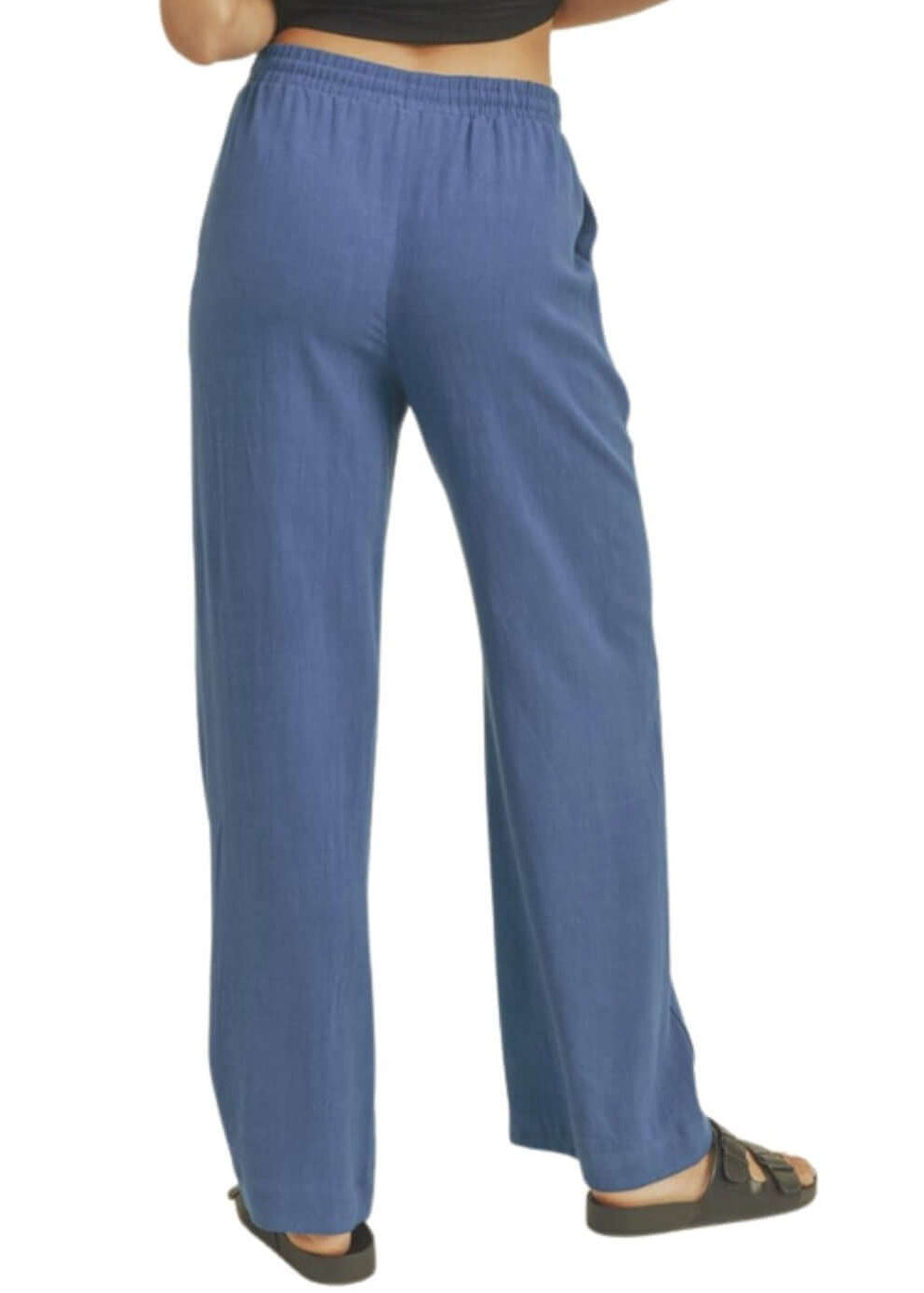 Blue USA Made Linen Blend Bootcut Pants with Pockets - Relaxed Fit Drawstring &amp; Elastic Waist Side | Classy Cozy Cool Women&