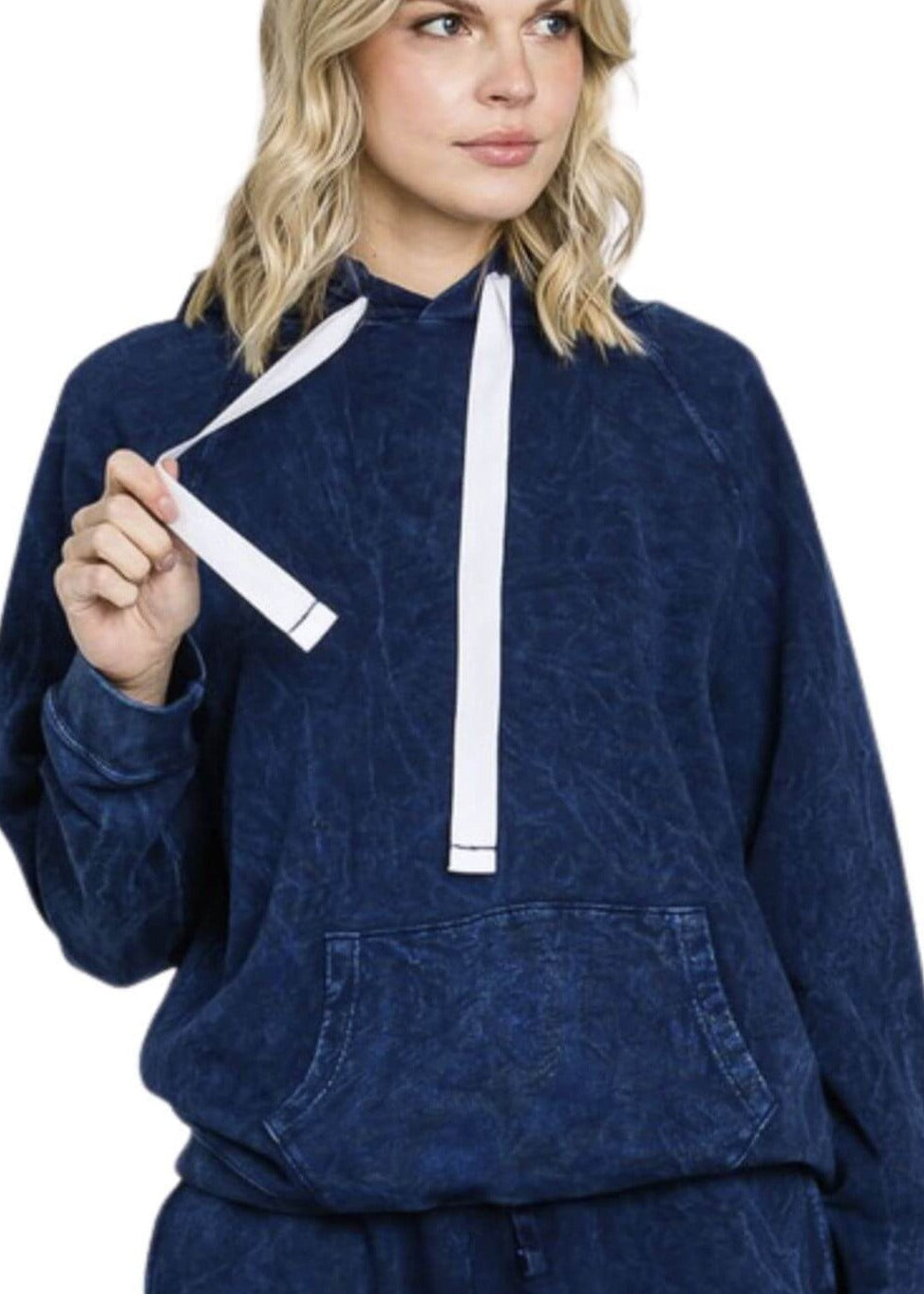 Ladies Cotton Mineral Washed French Terry Sweatshirt Hoodie with Kangaroo Pocket in Vintage Navy Blue | Made in USA with USA Cotton | Classy Cozy Cool Women&
