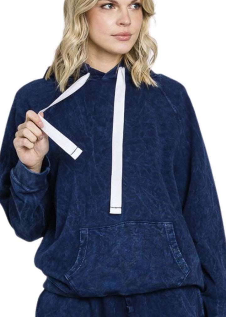 Ladies Cotton Mineral Washed French Terry Sweatshirt Hoodie with Kangaroo Pocket in Vintage Navy Blue | Made in USA with USA Cotton | Classy Cozy Cool Women&
