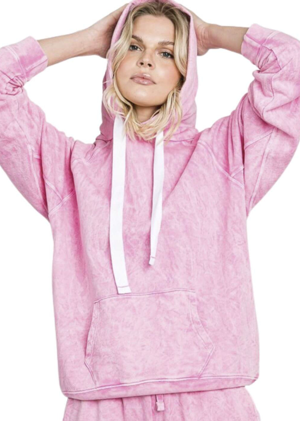 Ladies Cotton Mineral Washed French Terry Sweatshirt Hoodie with Kangaroo Pocket in Pink | Made in USA with USA Cotton | Classy Cozy Cool Women's Made in America Boutique