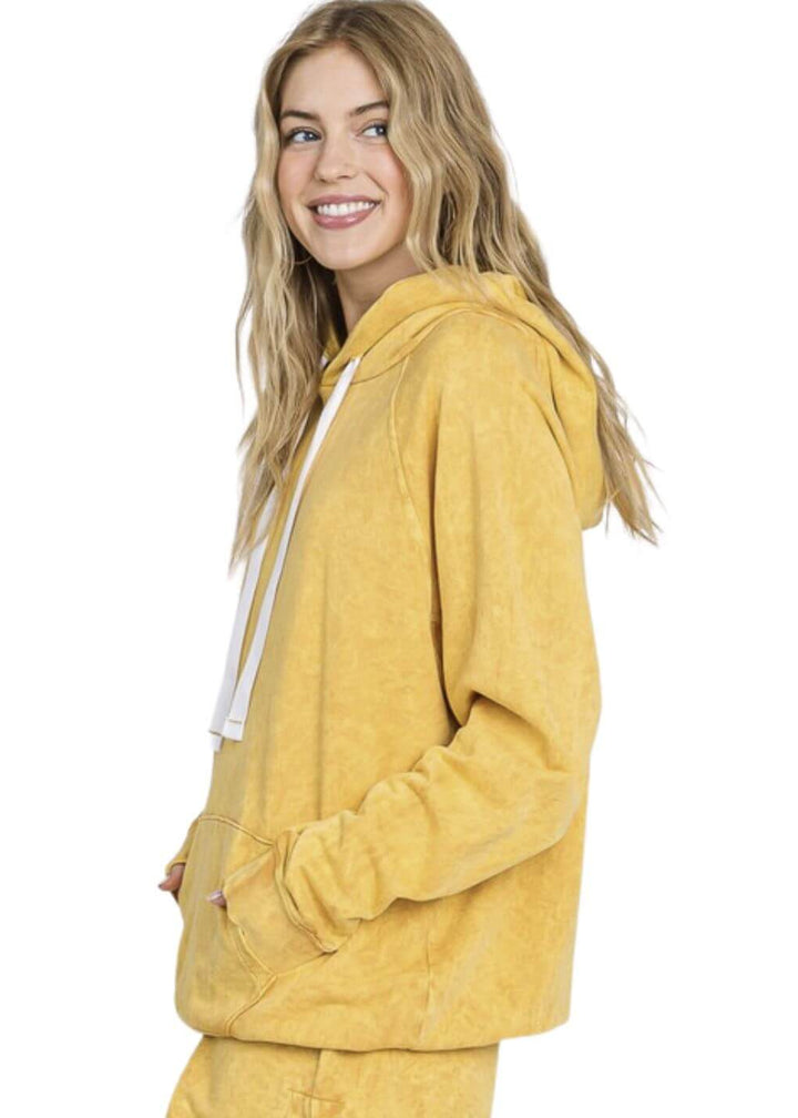 Ladies Cotton Mineral Washed French Terry Sweatshirt Hoodie with Kangaroo Pocket in Apricot Yellow | Made in USA with USA Cotton | Classy Cozy Cool Women&