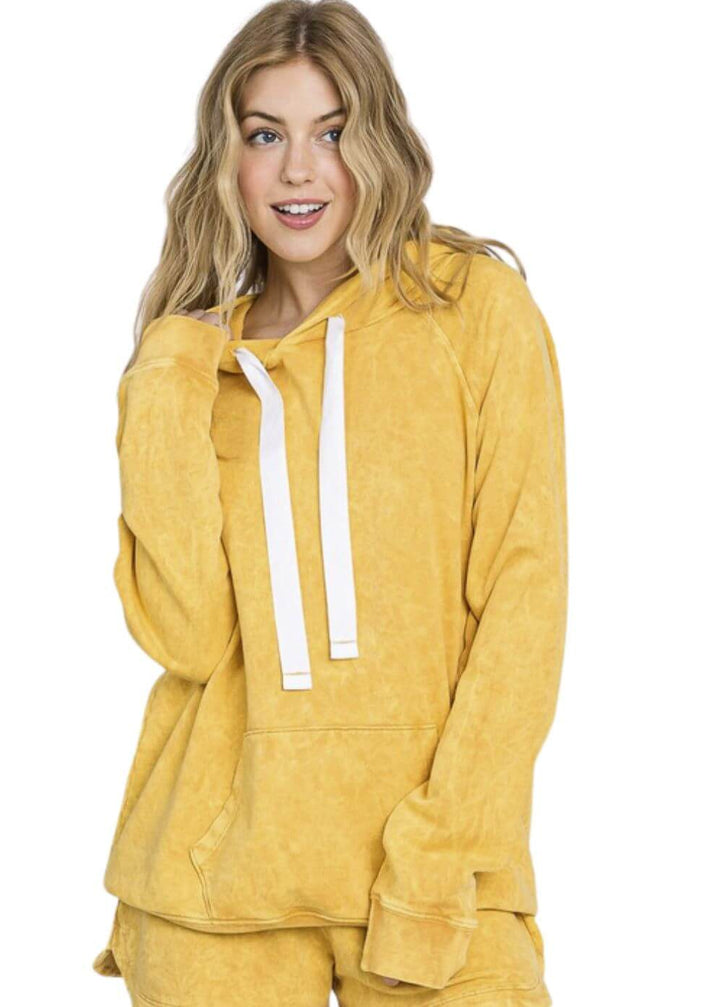 Ladies Cotton Mineral Washed French Terry Sweatshirt Hoodie with Kangaroo Pocket in Apricot Yellow | Made in USA with USA Cotton | Classy Cozy Cool Women&