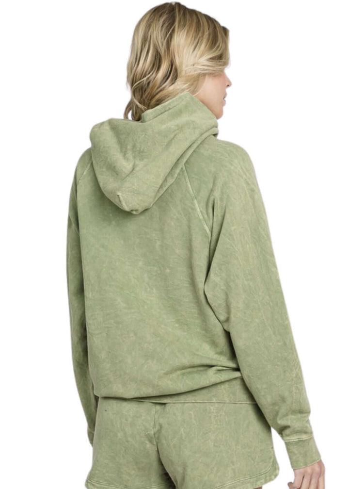 Ladies Cotton Mineral Washed French Terry Sweatshirt Hoodie with Kangaroo Pocket in Desert Sage Green | Made in USA with USA Cotton | Classy Cozy Cool Women&