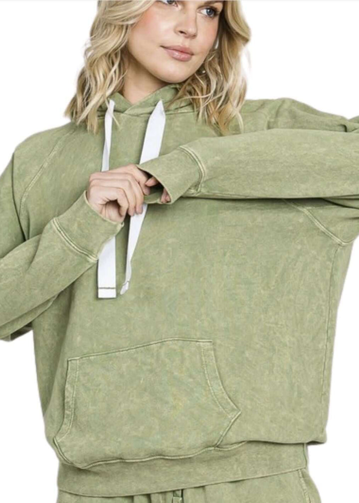 Ladies Cotton Mineral Washed French Terry Sweatshirt Hoodie with Kangaroo Pocket in Desert Sage Green | Made in USA with USA Cotton | Classy Cozy Cool Women&