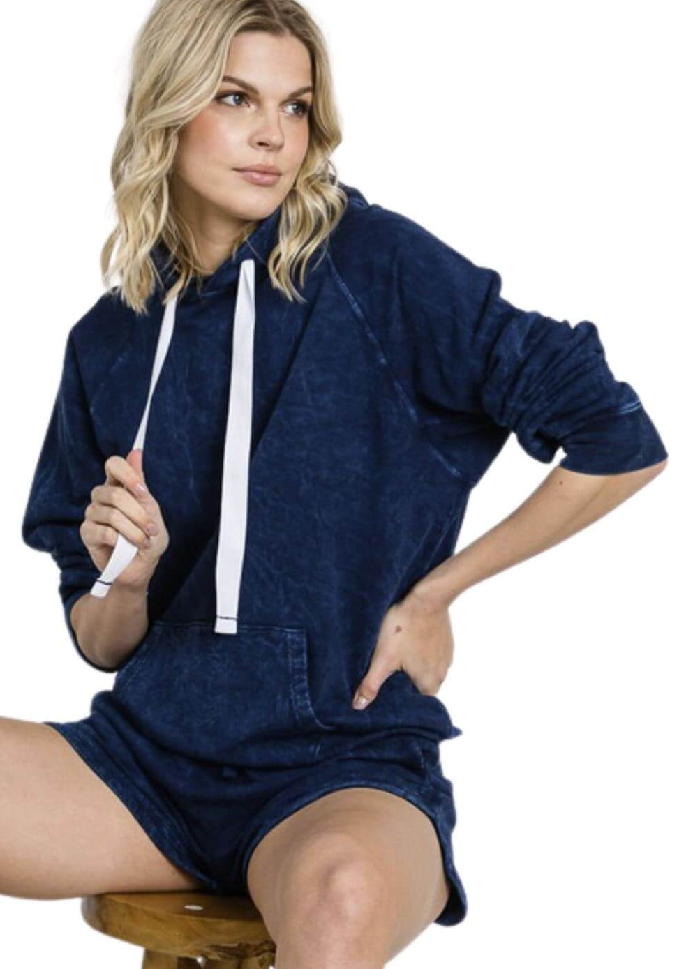 Ladies Cotton Mineral Washed French Terry Sweatshirt Hoodie with Kangaroo Pocket in Vintage Navy Blue | Made in USA with USA Cotton | Classy Cozy Cool Women&