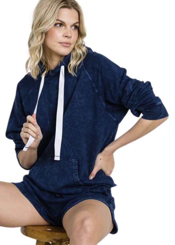 Ladies Cotton Mineral Washed French Terry Sweatshirt Hoodie with Kangaroo Pocket in Vintage Navy Blue | Made in USA with USA Cotton | Classy Cozy Cool Women&