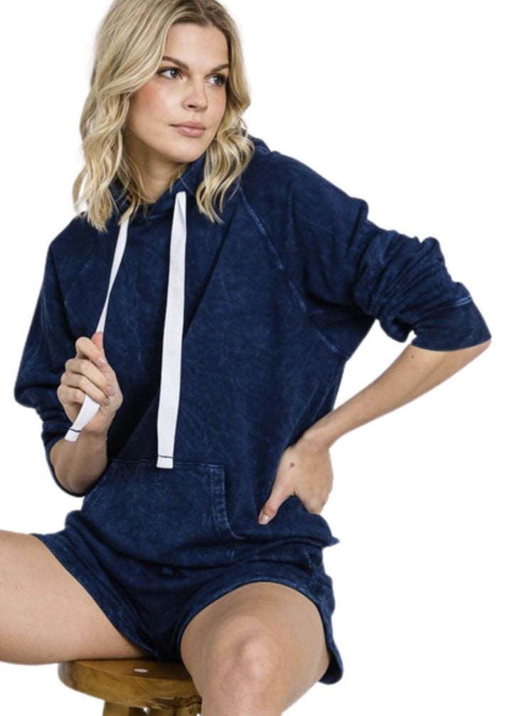 Ladies Cotton Mineral Washed French Terry Sweatshirt Hoodie with Kangaroo Pocket in Vintage Navy Blue | Made in USA with USA Cotton | Classy Cozy Cool Women&