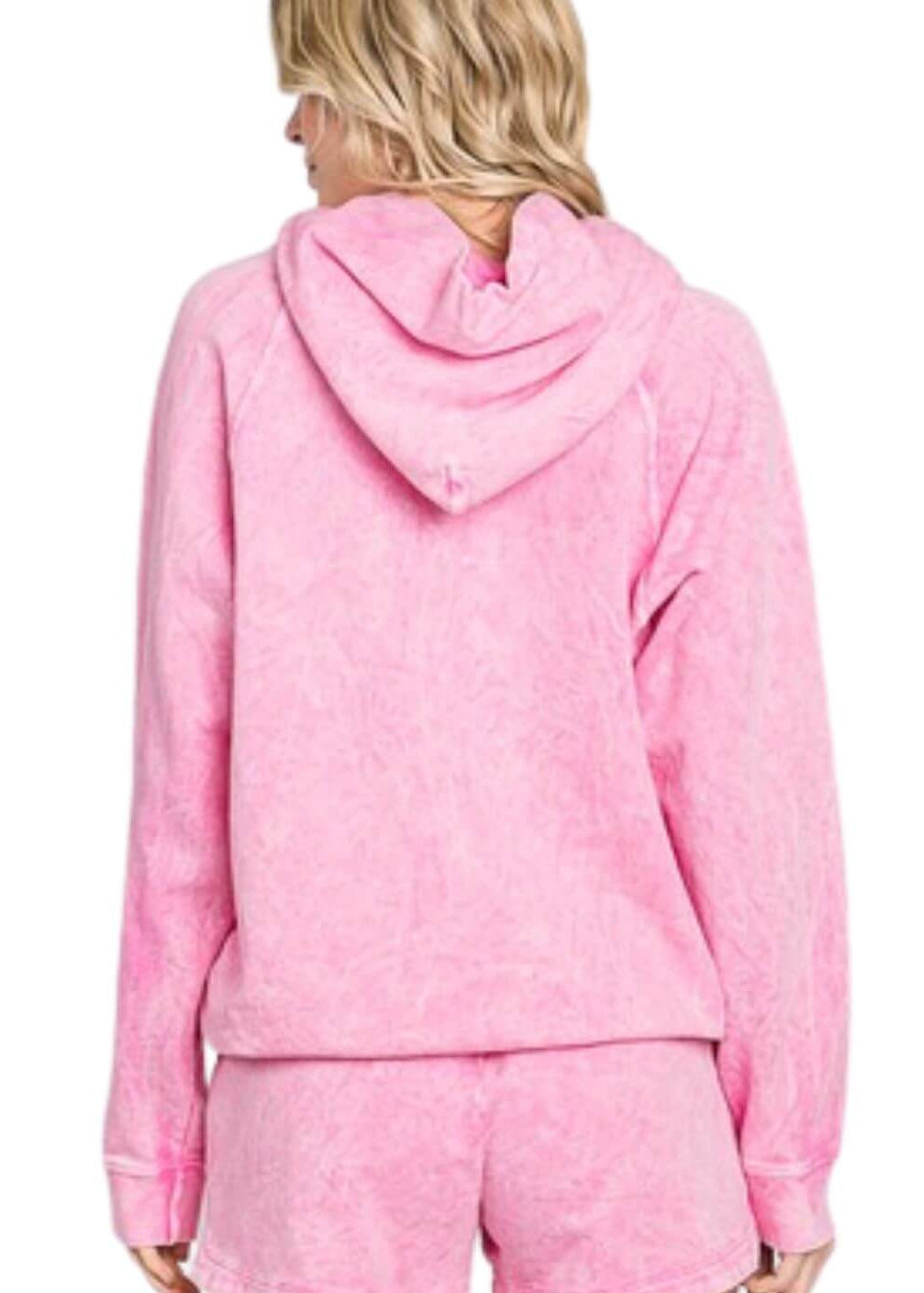 Ladies Cotton Mineral Washed French Terry Sweatshirt Hoodie with Kangaroo Pocket in Pink | Made in USA with USA Cotton | Classy Cozy Cool Women&