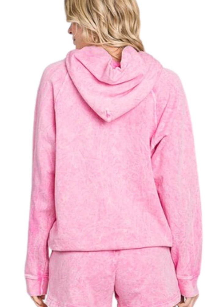 Ladies Cotton Mineral Washed French Terry Sweatshirt Hoodie with Kangaroo Pocket in Pink | Made in USA with USA Cotton | Classy Cozy Cool Women&