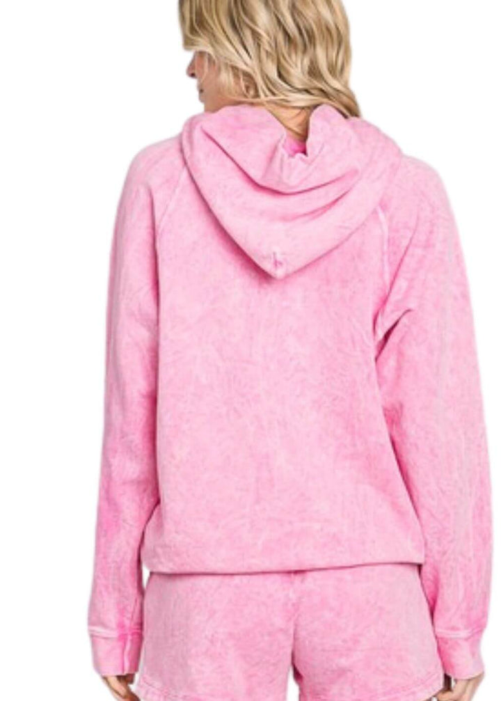 Ladies Cotton Mineral Washed French Terry Sweatshirt Hoodie with Kangaroo Pocket in Pink | Made in USA with USA Cotton | Classy Cozy Cool Women&
