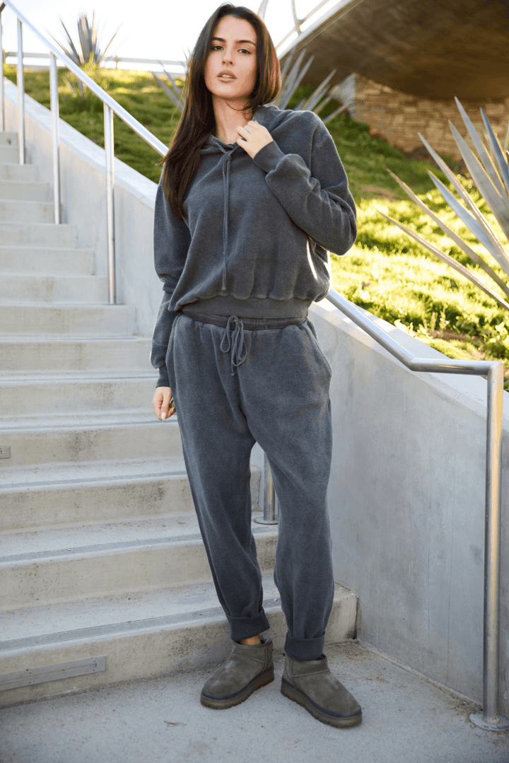 The Onyx Cotton Joggers by People of Leisure — 100% cotton, high-waist fitted jogger in Vintage Black. Made in LA. Sizes S–XL