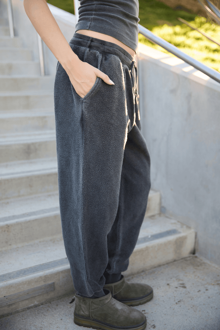 The Onyx Cotton Joggers by People of Leisure — 100% cotton, high-waist fitted jogger in Vintage Black. Made in LA. Sizes S–XL