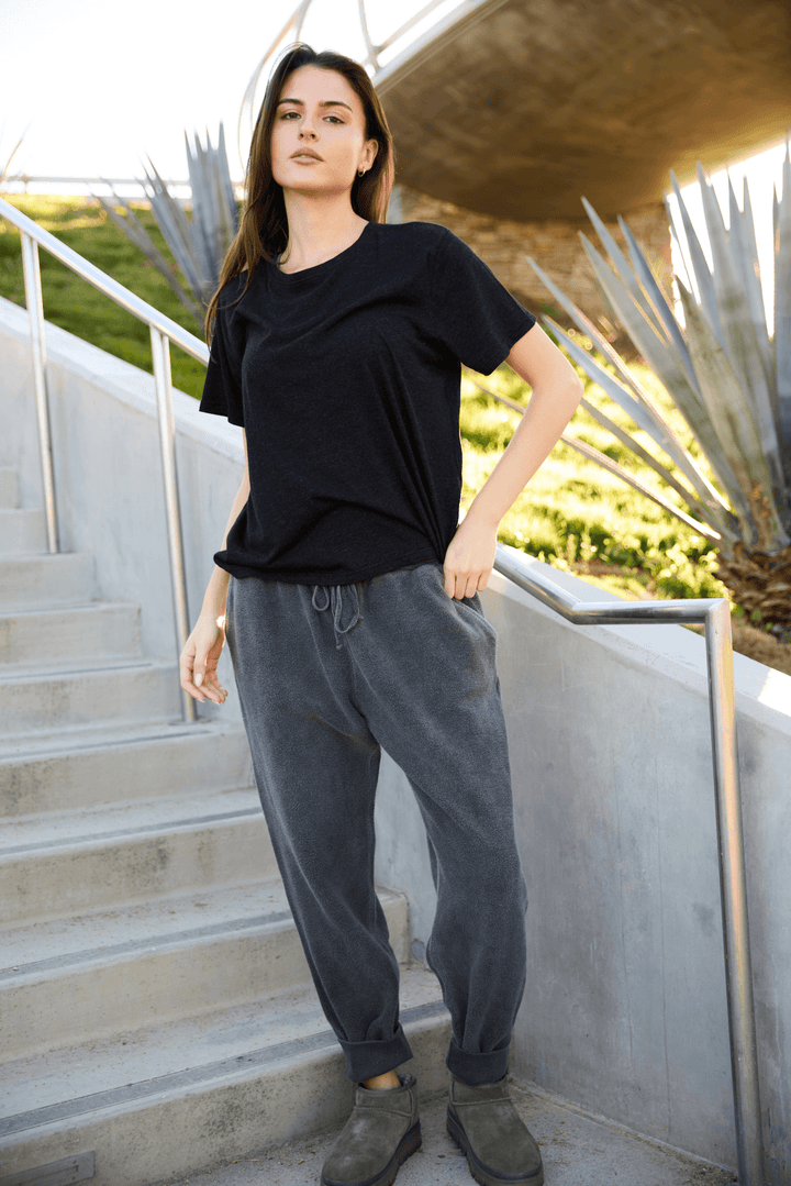 The Onyx Cotton Joggers by People of Leisure — 100% cotton, high-waist fitted jogger in Vintage Black. Made in LA. Sizes S–XL