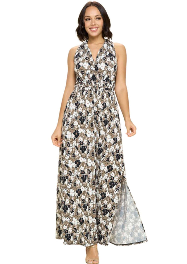 USA Made Ladies Floral Printed Halter Maxi Dress in Taupe with Black, White &amp; Pink Floral Design | Classy Cozy Cool Women&