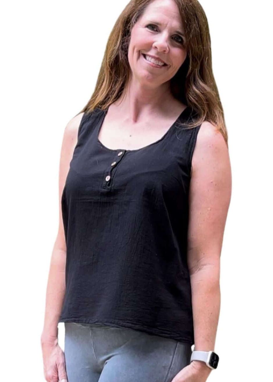 USA Made 100% Cotton Button Detail Sleeveless Top in Black Made by Sea Breeze of California | Classy Cozy Cool Made in America Women&