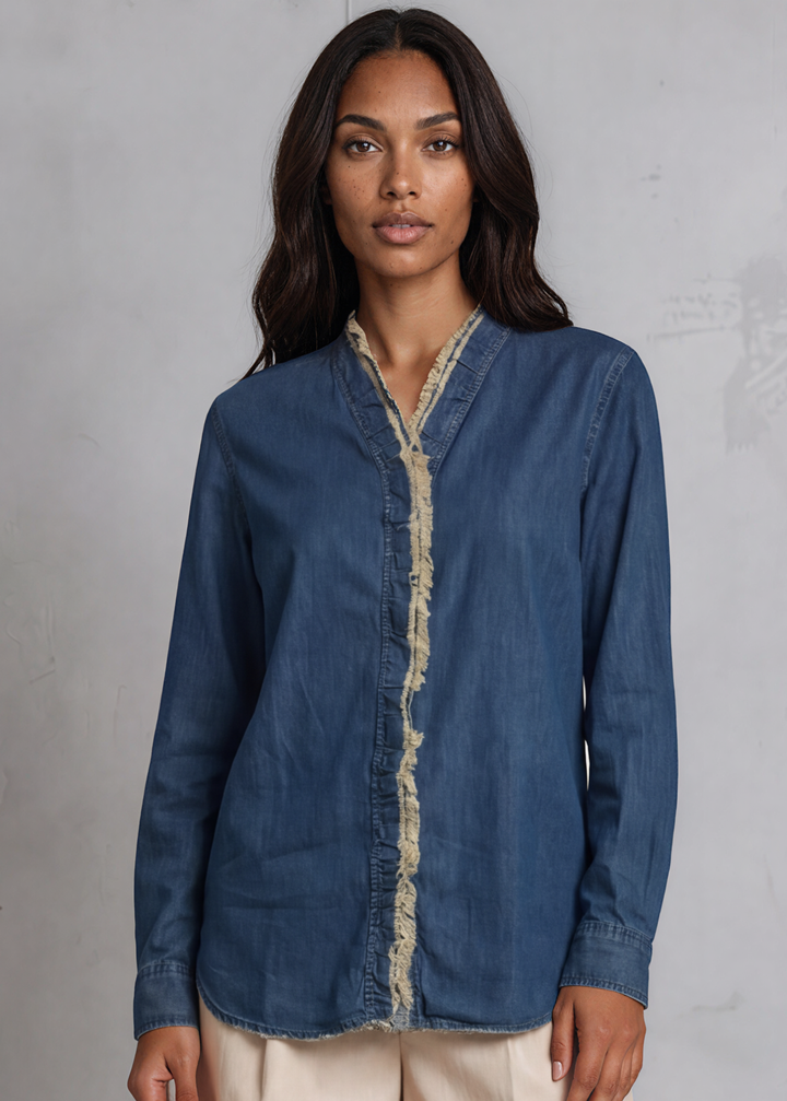 Jaded Gypsy Cutting Edge Button Down Lace Detail Cotton Denim Top With Raw Edge Detail | Made In USA | Made in America Women&