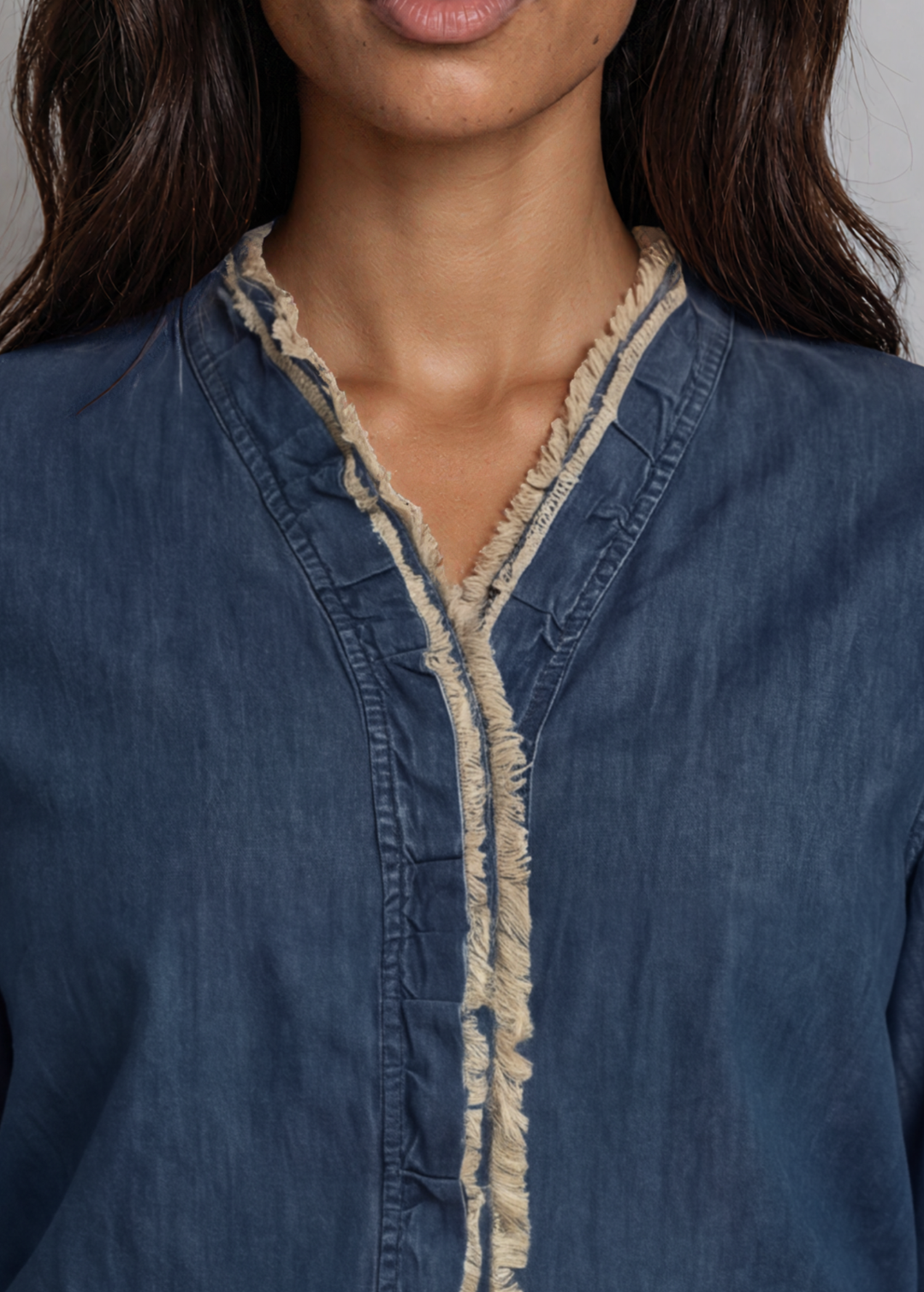 Jaded Gypsy Cutting Edge Button Down Lace Detail Cotton Denim Top With Raw Edge Detail | Made In USA | Made in America Women&