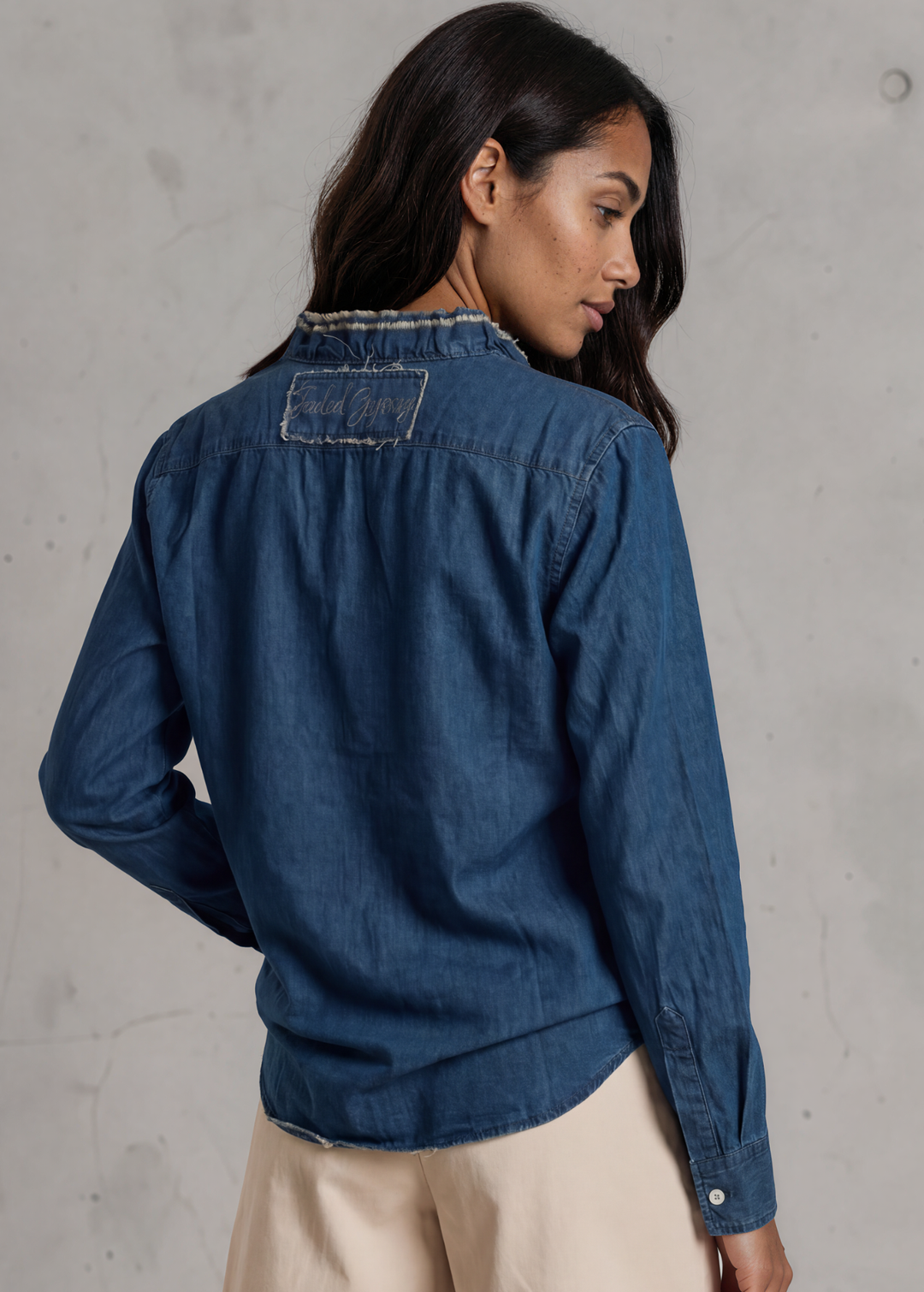 Jaded Gypsy Cutting Edge Button Down Lace Detail Cotton Denim Top With Raw Edge Detail | Made In USA | Made in America Women&