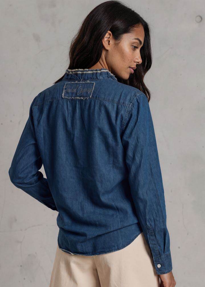 Jaded Gypsy Cutting Edge Button Down Lace Detail Cotton Denim Top With Raw Edge Detail | Made In USA | Made in America Women&