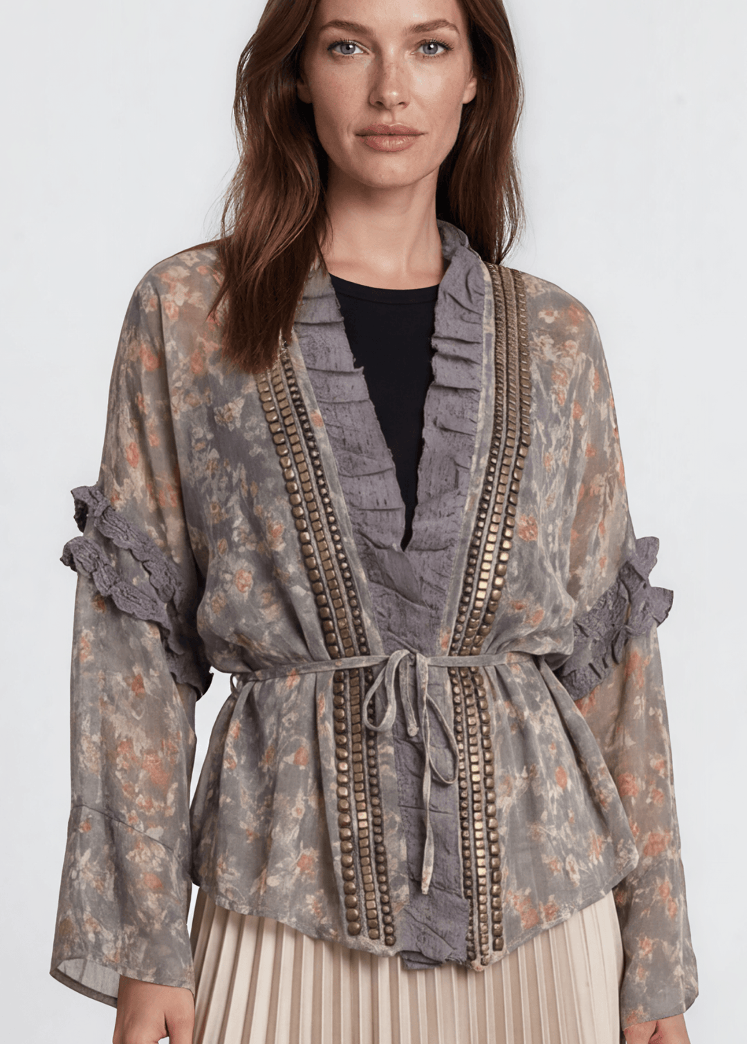 Jaded Gypsy Ladies Chiffon Floral Studded Detail Garden Romance Cardigan | Made In USA | Classy Cozy USA Made in America Boutique
