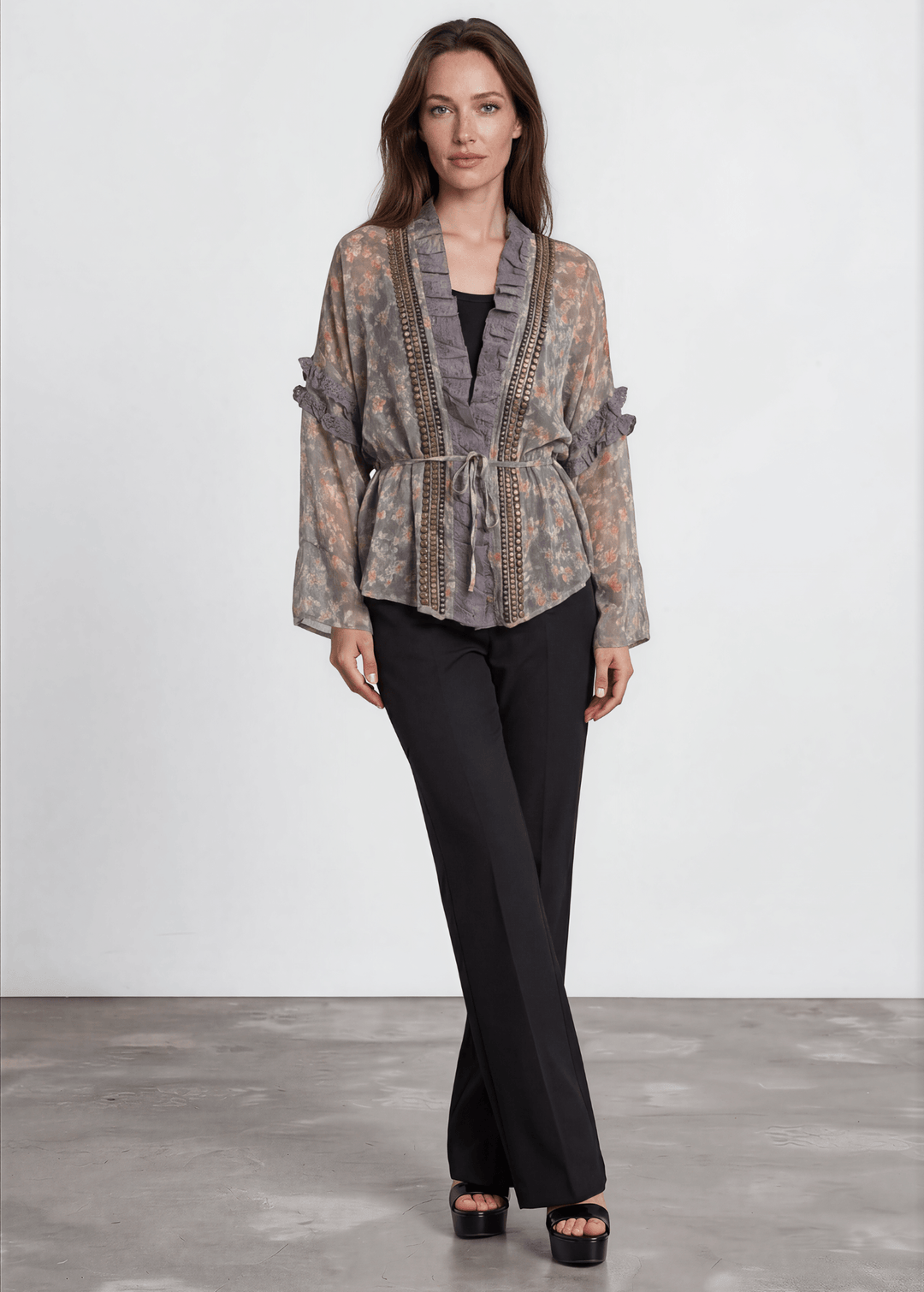 Jaded Gypsy Ladies Chiffon Floral Studded Detail Garden Romance Cardigan | Made In USA | Classy Cozy USA Made in America Boutique