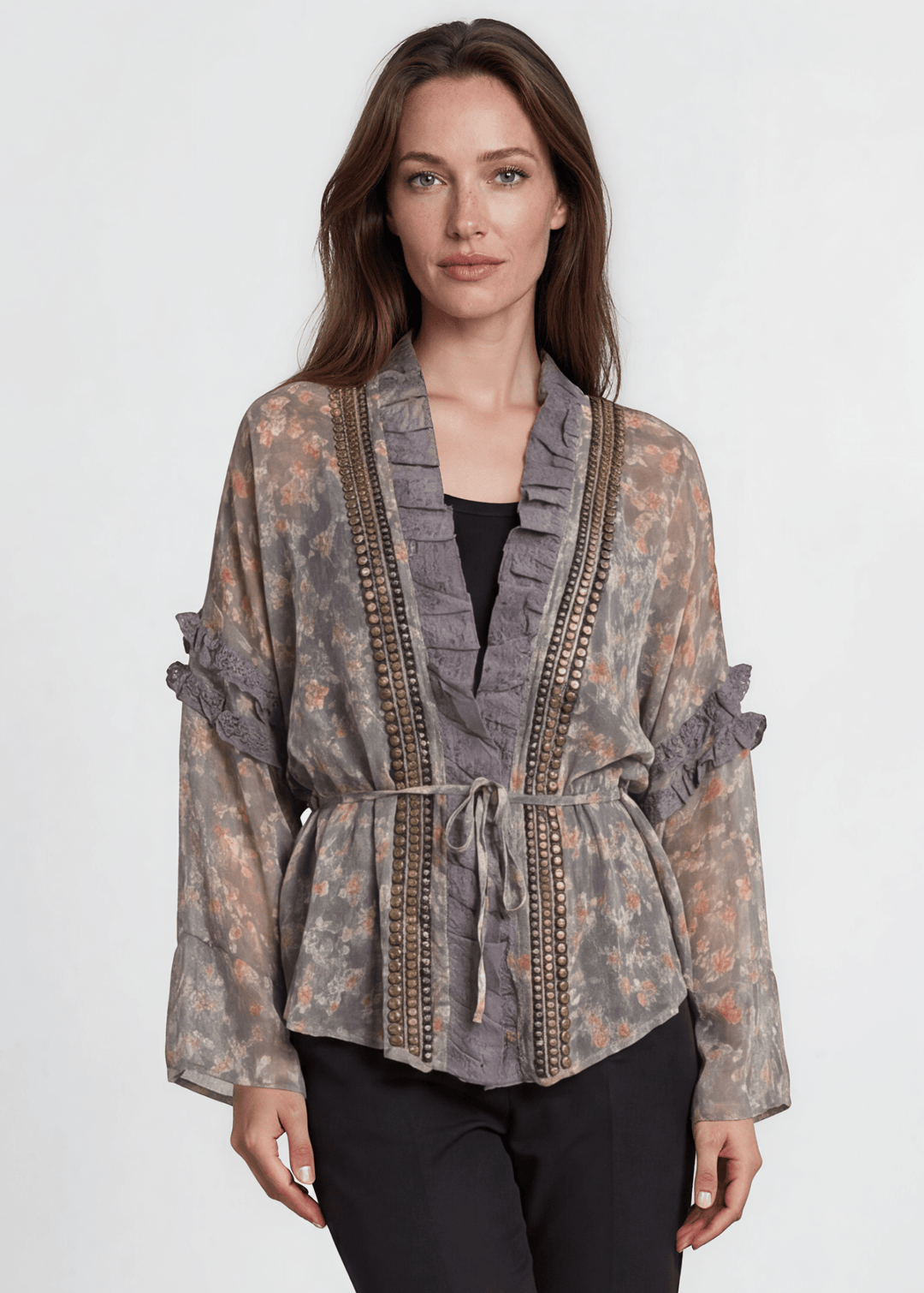 Jaded Gypsy Ladies Chiffon Floral Studded Detail Garden Romance Cardigan | Made In USA | Classy Cozy USA Made in America Boutique