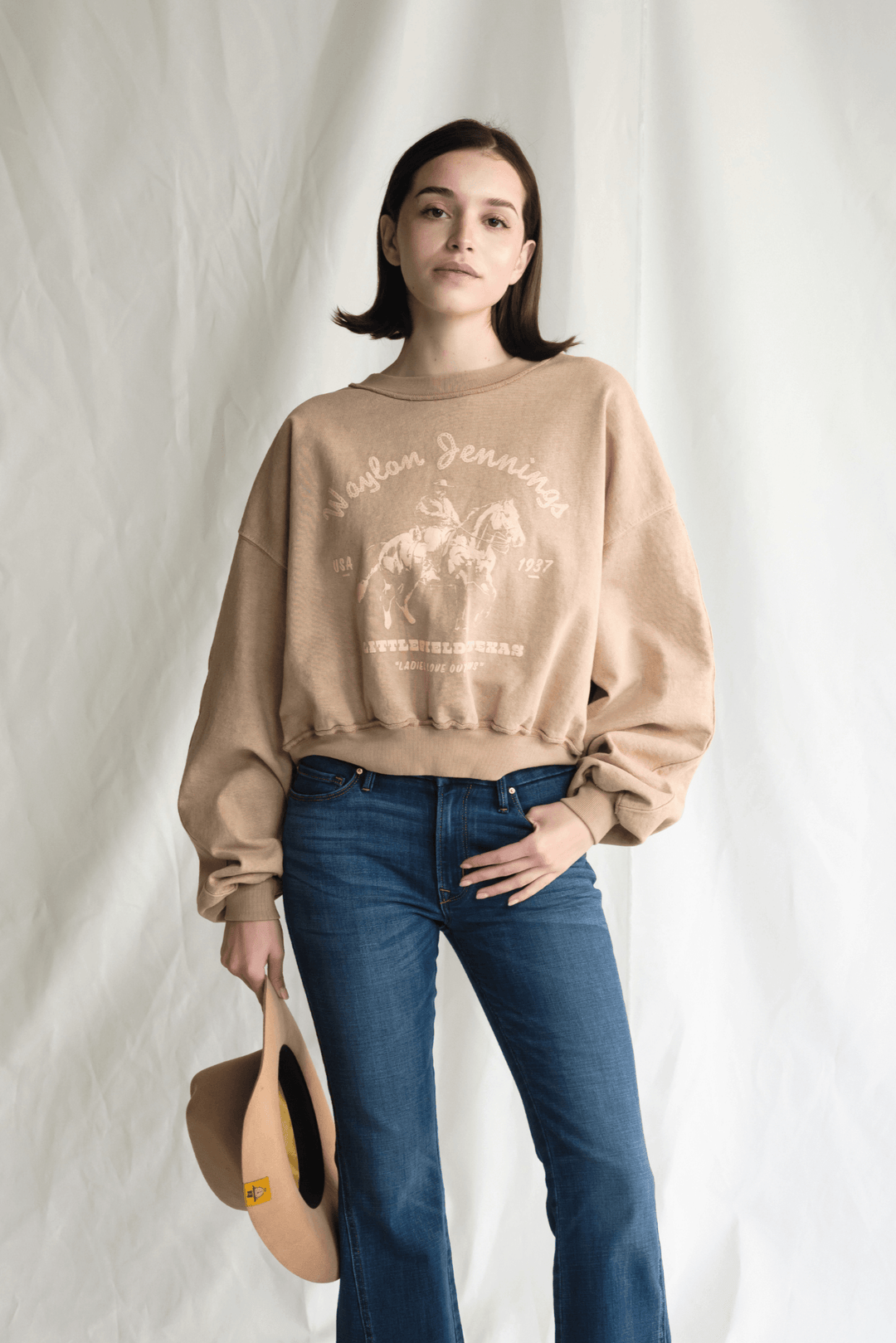 Waylon Jennings Hometown Sweatshirt by People of Leisure — 100% cotton, cropped hem, vintage feel in Camel. Made in LA. Sizes XS–XL