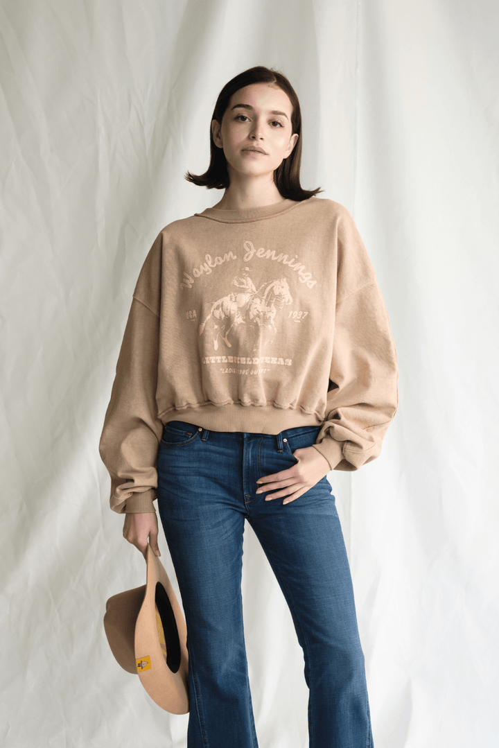 Waylon Jennings Hometown Sweatshirt by People of Leisure — 100% cotton, cropped hem, vintage feel in Camel. Made in LA. Sizes XS–XL