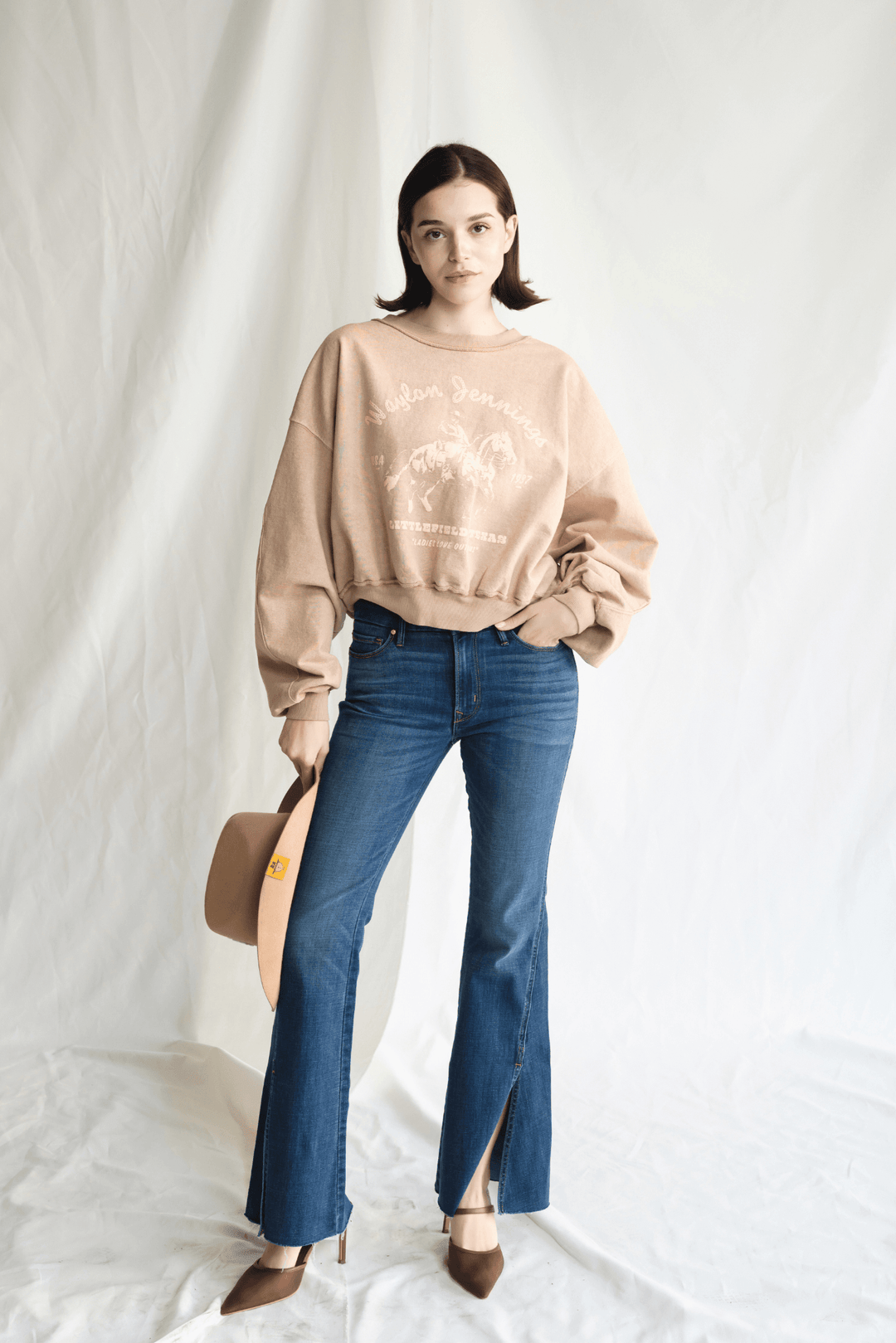Waylon Jennings Hometown Sweatshirt by People of Leisure — 100% cotton, cropped hem, vintage feel in Camel. Made in LA. Sizes XS–XL