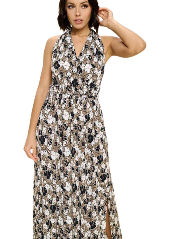 USA Made Ladies Floral Printed Halter Maxi Dress in Taupe with Black, White &amp; Pink Floral Design | Classy Cozy Cool Women&