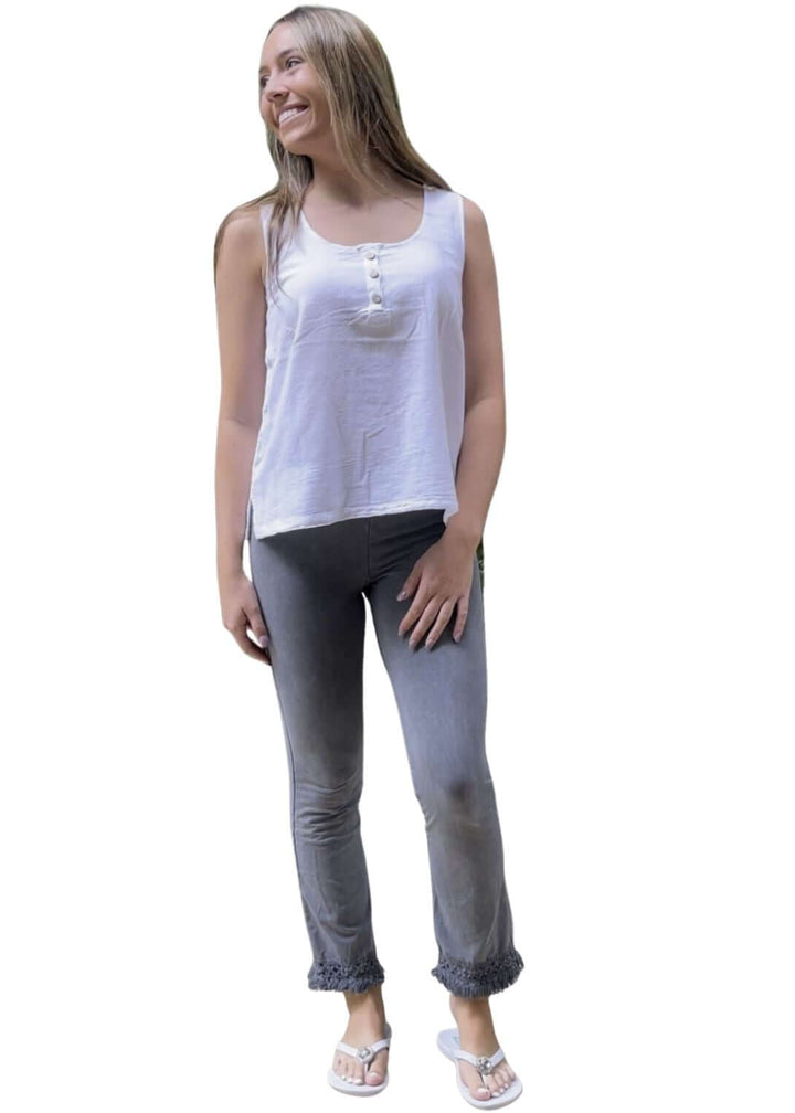 USA Made 100% Cotton Button Detail Sleeveless Top in White Made by Sea Breeze of California | Classy Cozy Cool Made in America Women&