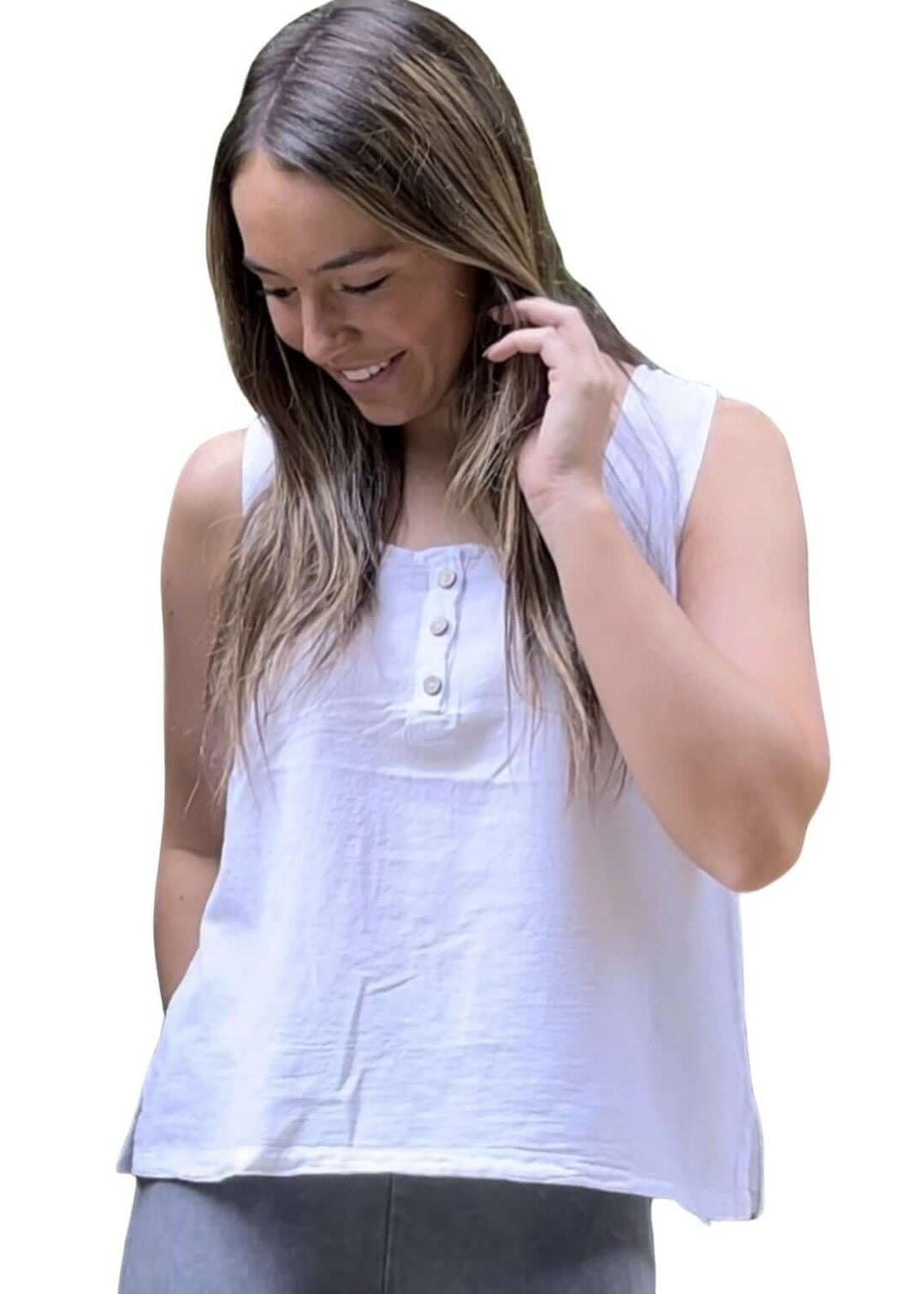 USA Made 100% Cotton Button Detail Sleeveless Top in White Made by Sea Breeze of California | Classy Cozy Cool Made in America Women&