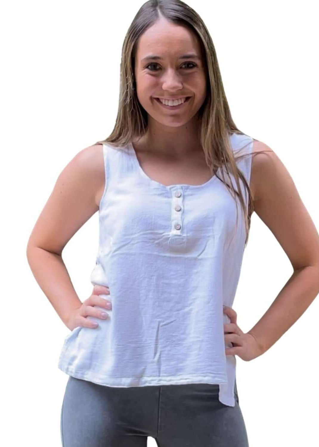 USA Made 100% Cotton Button Detail Sleeveless Top in White Made by Sea Breeze of California | Classy Cozy Cool Made in America Women's Clothing Boutique