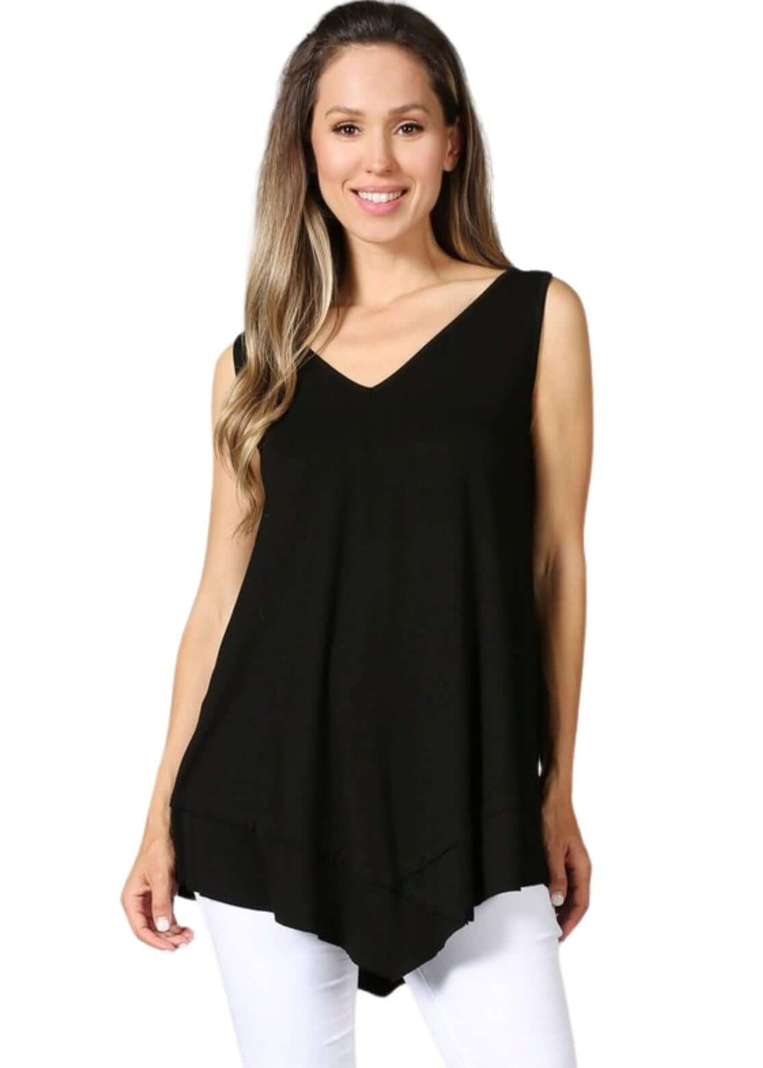 USA Made Ladies Black Sleeveless V-Neck Asymmetrical Top | Chatoyant Style C11307 | Classy Cozy Cool Women's American Made Boutique
