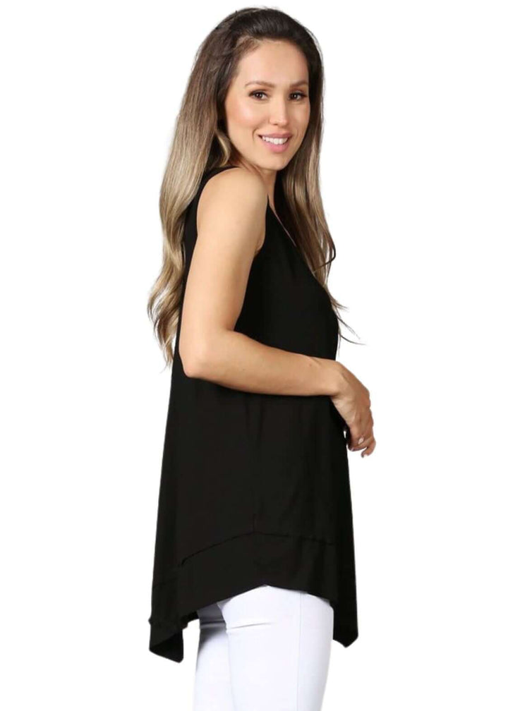 USA Made Ladies Black Sleeveless V-Neck Asymmetrical Top | Chatoyant Style C11307 | Classy Cozy Cool Women&