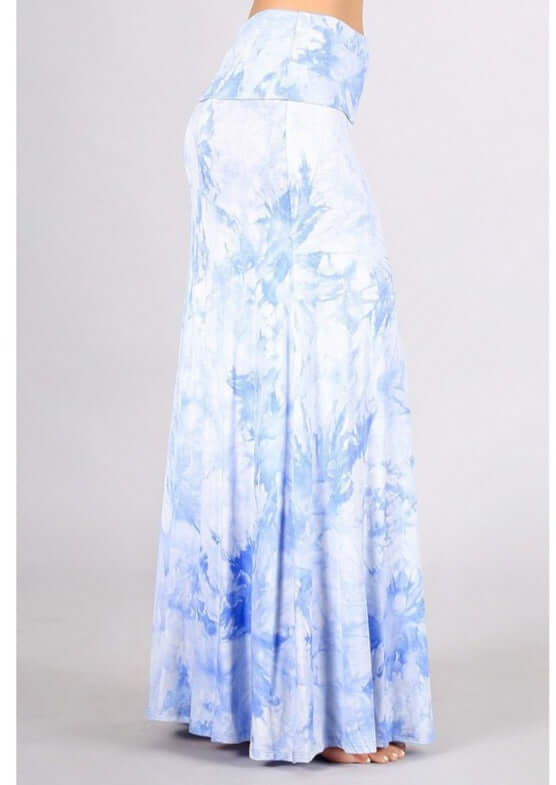 USA Made Ladies Super Soft Sky Blue Tie Dye Full Length Maxi Skirt with Fold Over Waist | Made in USA | Classy Cozy Cool Women&